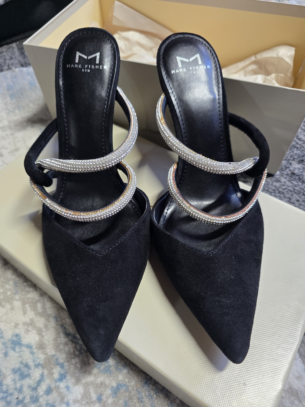 Marc Fisher Black Suede Pointed-Toe Crystal Double Straps